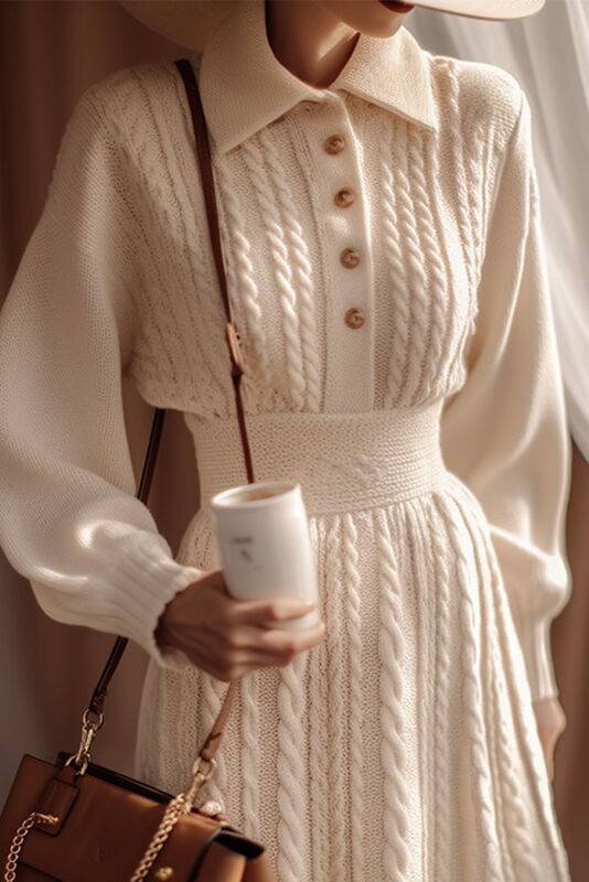 Unmun Off-White Fashionable Inner Dress Autumn and Winter Petite Long Knitted Sweater Dress Classy Exquisite