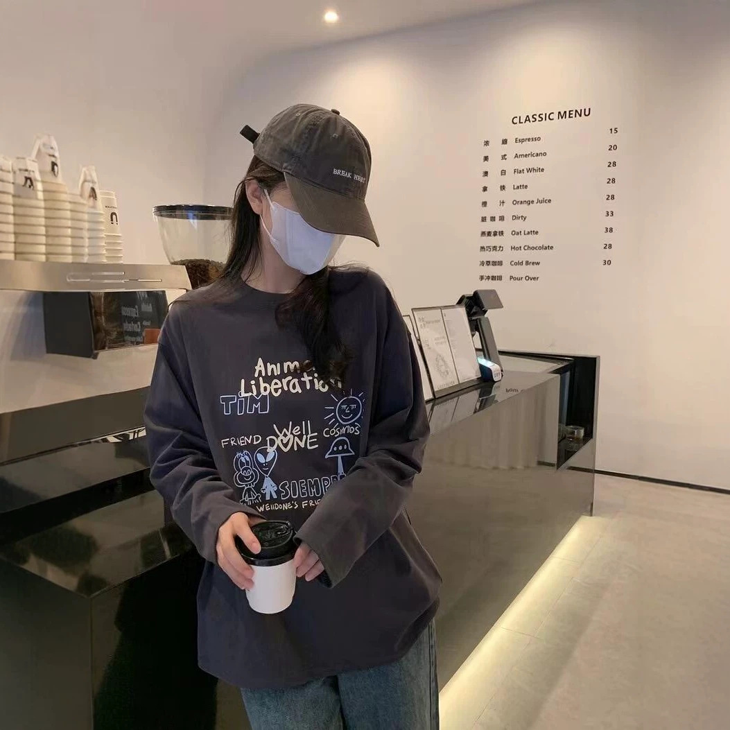 WE11 Alien Print Early Autumn Long-Sleeved Base Layer Plus Size Loose Cotton T-Shirt Couple Style Unisex Trendy Inner Layer