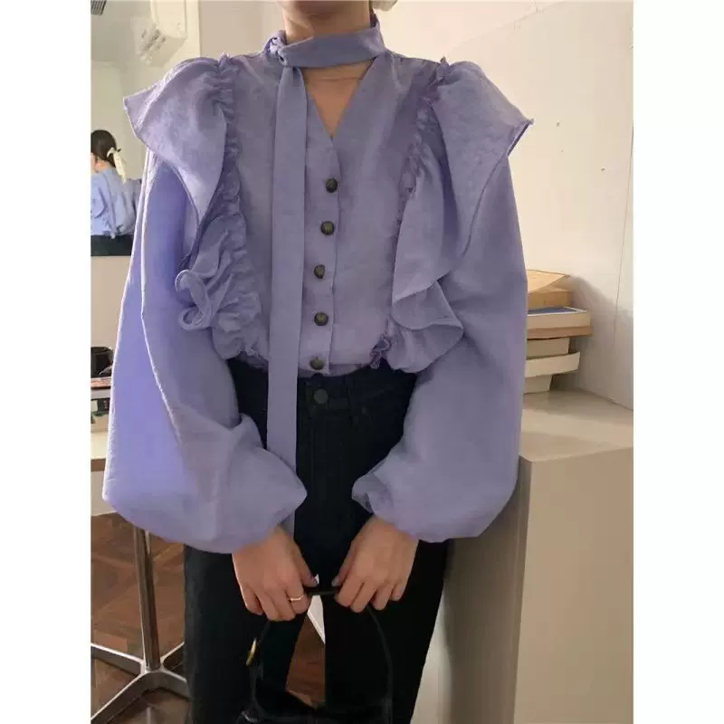 2025紫罗兰 初秋长袖紫色显白系带荷叶边衬衫女上衣