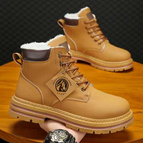 Men's Martin Boots Autumn New Fleece Lined Thick Outdoor Work Boots British Style Retro Yellow Leather Boots for Men
