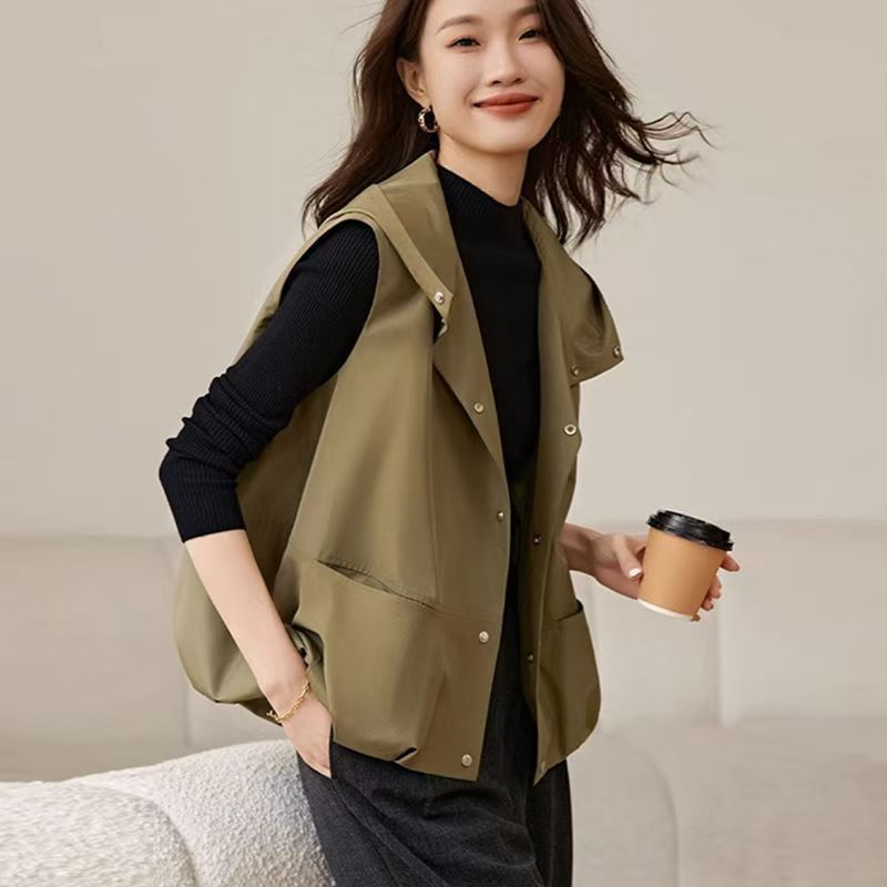2025新款连帽马甲女宽松洋气坎肩外穿休闲百搭无袖马夹薄外套上衣|undefined