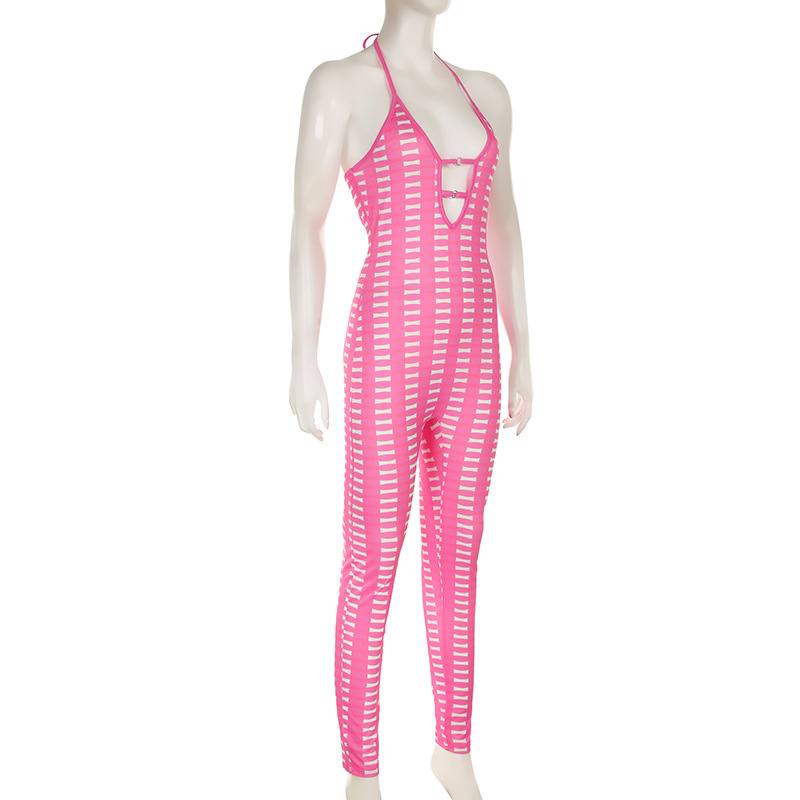 Sexy Women Clothing Barbie Pink Striped Contrast Color Deep V Plunge neck Hollow Out Cutout out Tight Braces Halter Jumpsuit Skinny Trousers