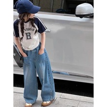韩国童装女童短袖套装2024夏儿童牛仔阔腿直筒裤女孩T恤短袖