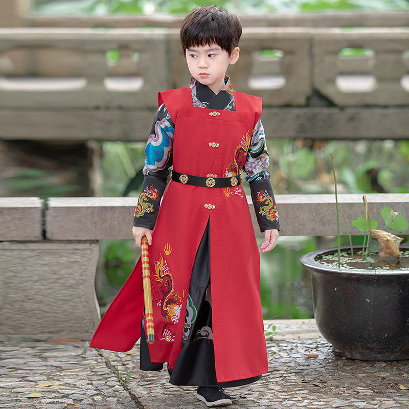 Boy kids Chinese  Dragon ancient folk costumes Han Ming Performance cosplay swordsman warrior performance robe studied Chinese boy hanfu children