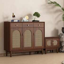 藤编鞋柜室内实木框家用门口玄关中古复古收纳柜门外新款爆款大气