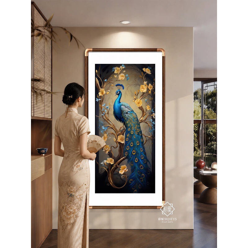 Peacock Decorative Painting for Entryway, New Chinese Style Wall Art for Corridor and Hallway, Modern Solid Wood Framed Wall Painting