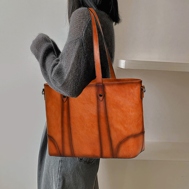 Túi tote nữ da bò cao cấp phong cách retro, dung tích lớn, đeo vai/nách — Màu nâu cổ điển, Màu Cà phê cổ điển, Màu đen cổ điển