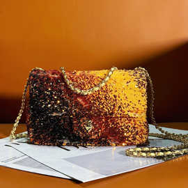 24C新款黄渐变亮片单肩包斜挎包晚宴包出席包小香风羊皮内里全钢