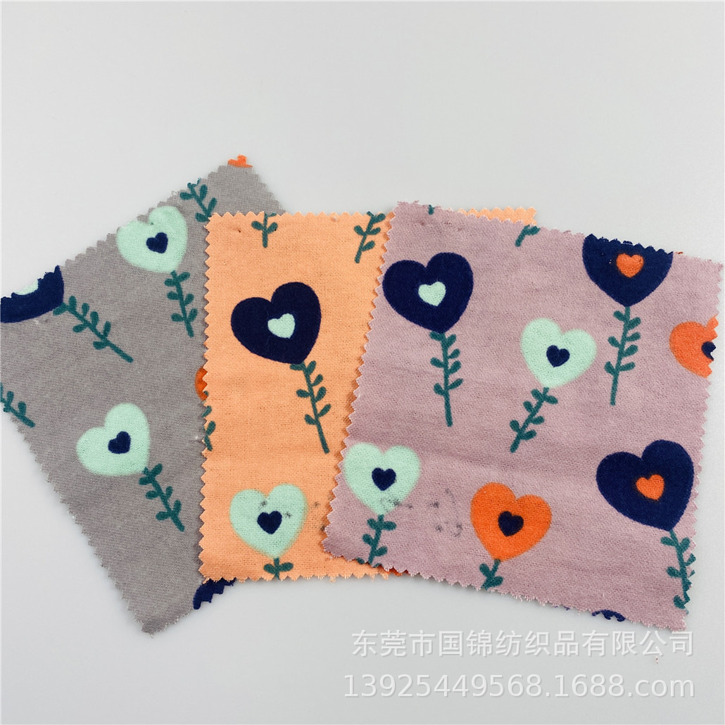小清新磨毛印花布 纯棉法兰绒磨毛印桃心 秋冬新款童装棉服面料