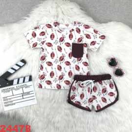 欧美精品店童装外贸批发橄榄球印花新款夏季运动短袖套装