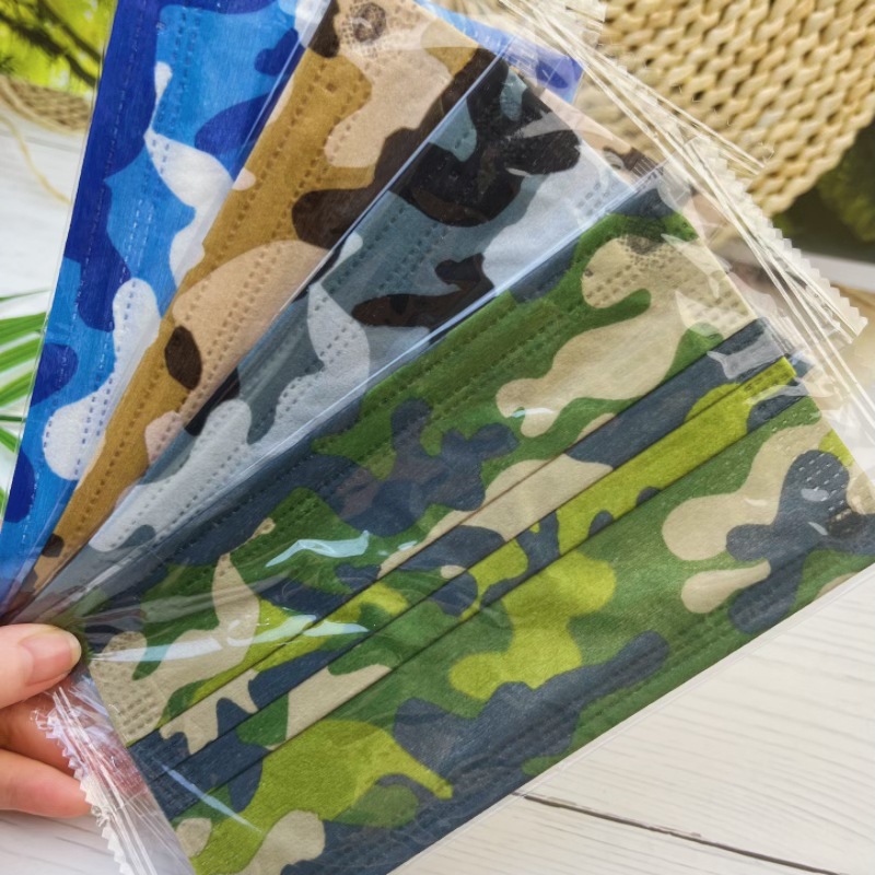 印花口罩一次性3层成人款绿色+咖啡+海蓝+灰色迷彩四色混搭防尘款