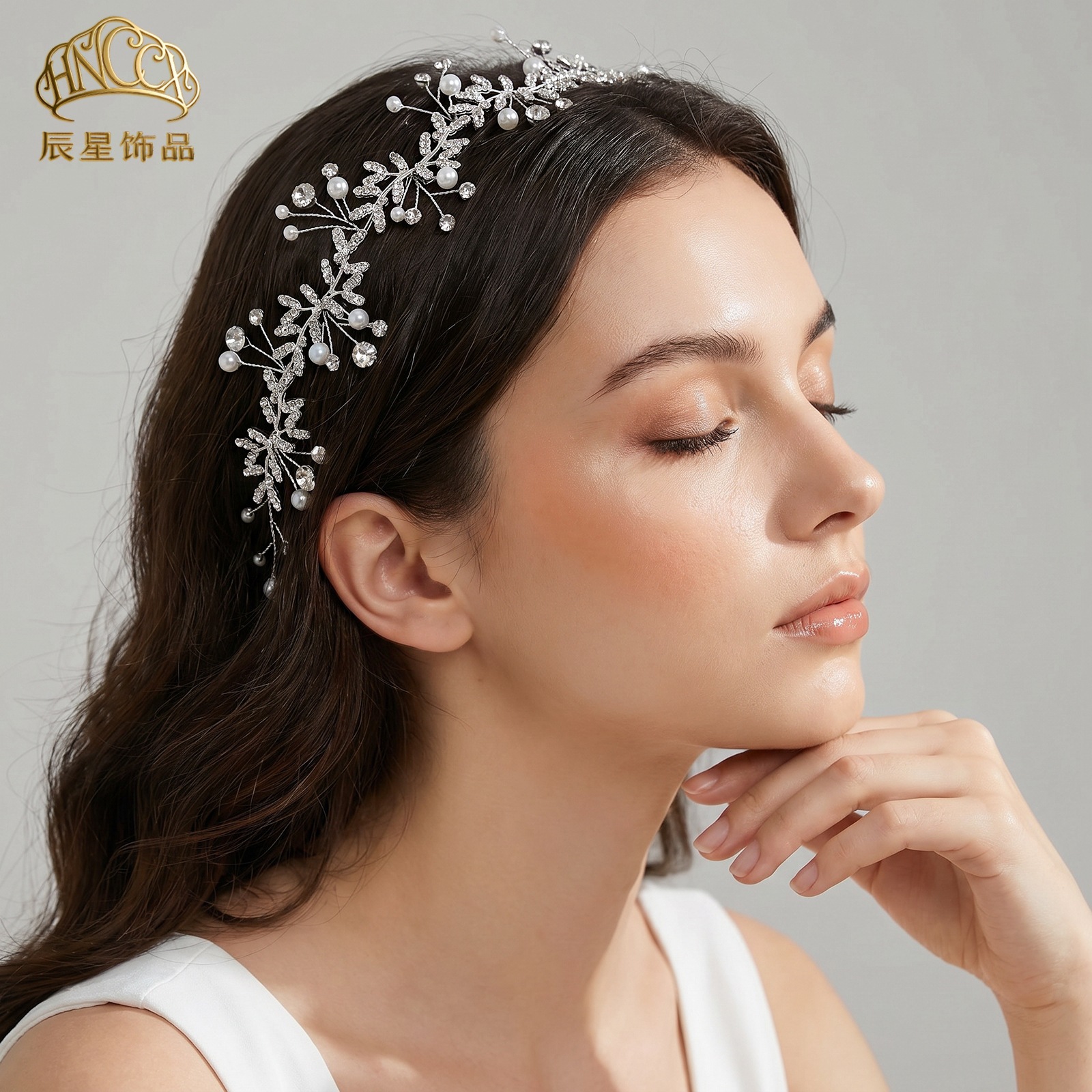 辰星手工水钻珍珠新娘发带森系甜美发饰成人礼婚纱摄影头饰CX233