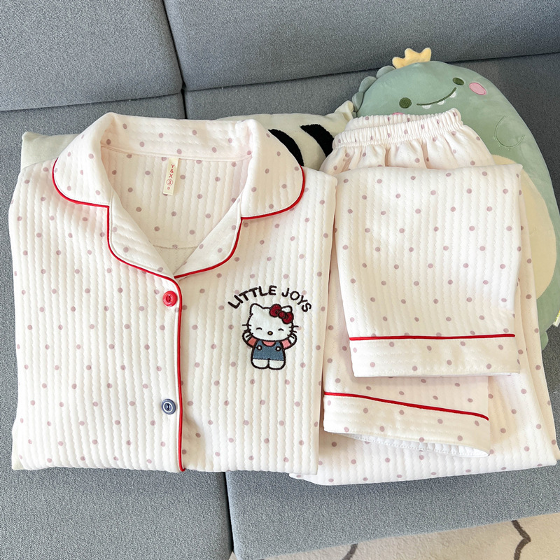 Japanese Style HelloKitty Air Cotton Pajamas Women's Autumn and Winter Cotton Warm Sweet Cartoon Thickened Home Clothes