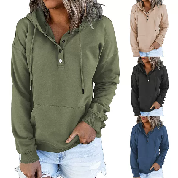 Amazon Long-Sleeve Sweatshirt with Drawstring Top Pocket European and American Cross-Border Women's Autumn and Winter New Hooded Button Casual Shirt
