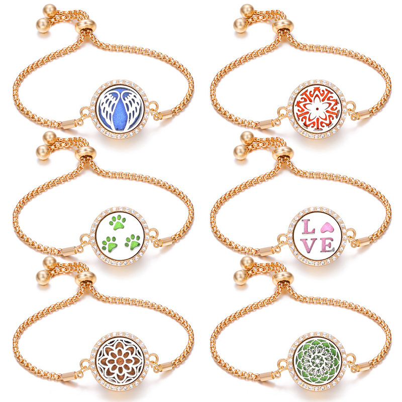 Gold Color Flower Stainless Steel Hollow Pattern Bracelet for Women Adjustable with Diamond Aromatherapy Essential Oil Diffuser Bangles