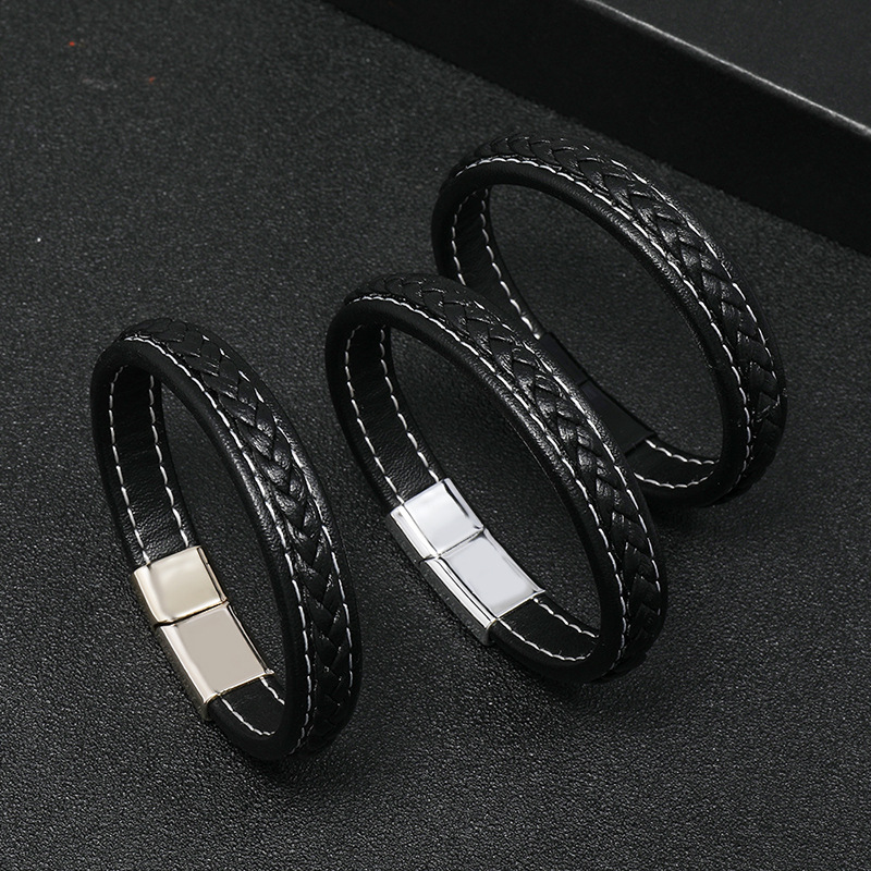 simple casual black woven leather bracelet