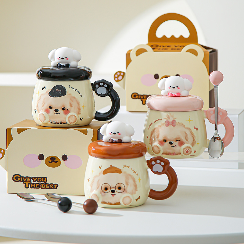 Taza de cerámica de alto valor nominal ins para cachorros con tapa para casa encantadora pareja taza de café para desayuno para acompañantes taza de regalo