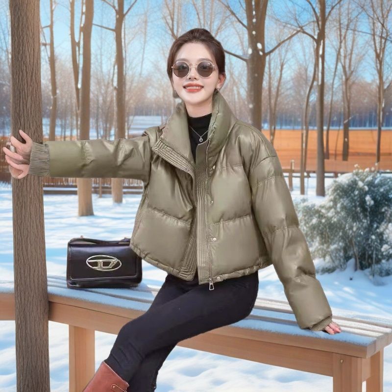 No-Wash Pu down Jacket Winter New Women's Stand Collar Thickened Kendall Jenner Style Puffer Jacket Windproof Short Petite Coat