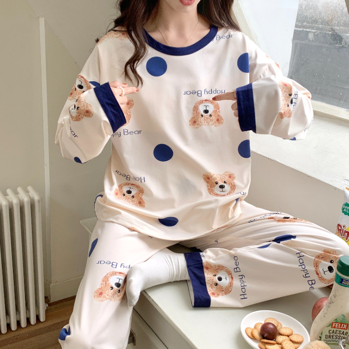 Estilo simple japonés pijamas chica de algodón-como cuello redondo de manga larga de otoño e invierno con almohadilla en el pecho dulce Winnie the Pooh traje de desgaste para el hogar