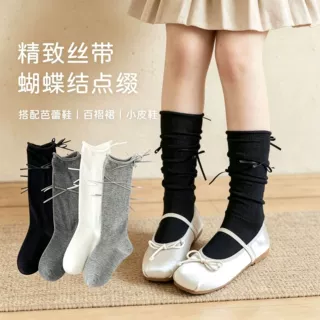 无骨女童袜子春秋蝴蝶结中小童长筒袜棉质儿童中筒袜芭蕾JK女宝袜