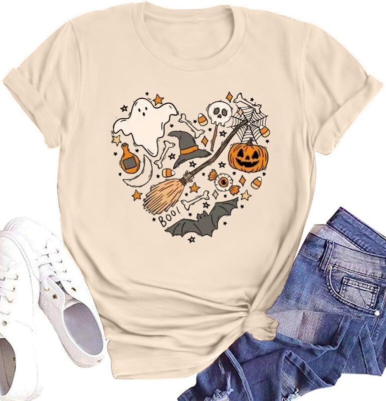 Women's Autumn Shirt Halloween Pumpkin Pattern T-Shirt Thanksgiving Family Turkey Top Cute Autumn