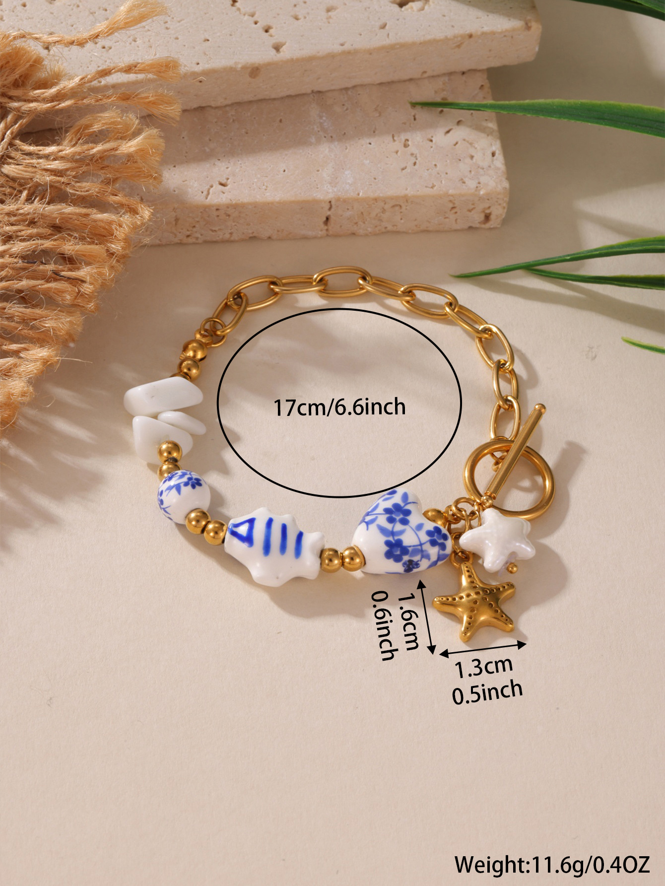 14g Weight PVD Coated Gold Plating Process Real Gold Plated Plating Material 304 Stainless Steel Pendant Material Bracelets Classification Chinoiserie Retro Classic Style Star Fish 304 Stainless Steel Blue And White Porcelain 18K Gold Plated Bracelets In Bulk