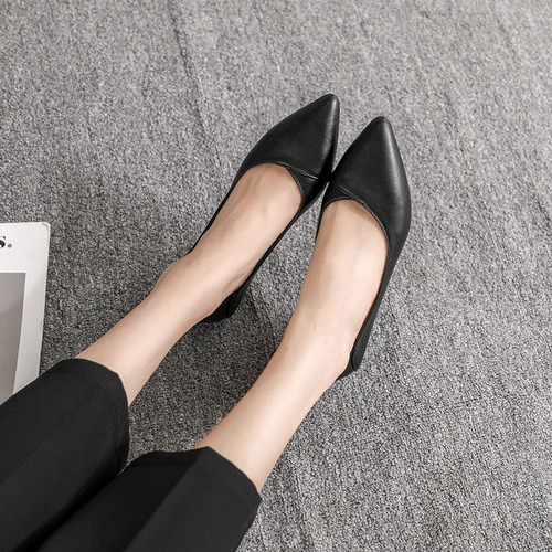 Women's Black Pointed-toe Flat Soft Sole Work Shoes, Spring Soft Leather Comfort Professional Shoes for Air Hostess Auditions