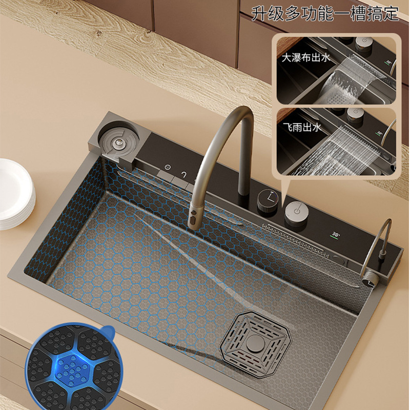 Fregadero de cocina de acero inoxidable 304 de 5 mm de grosor con desagüe lateral tipo panal, pantalla digital de funciones completas y un solo tanque grande.