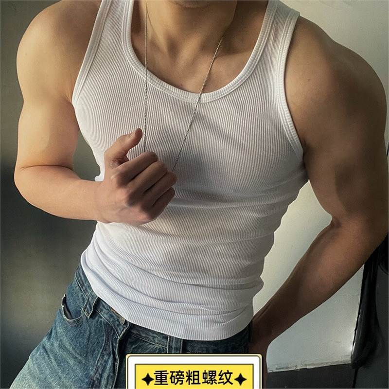 Summer American-Style Lightweight Sports Fitness Ribbed Tank Top for Men, Running Training, Elastic, Slim Fit, Sweat-Absorbent, Breathable