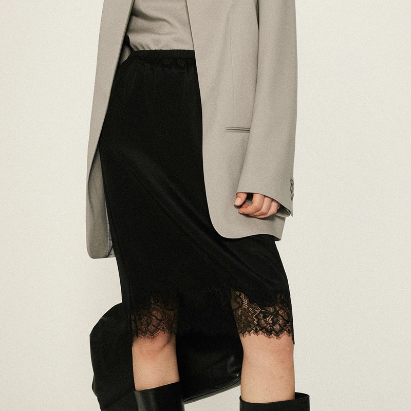 Ready Stock Kei Custom Dyed 6A Grade 25mm Silk Stretch Heavy Crepe Needle Embroidery Splicing Lace Skirt Summer Elegant