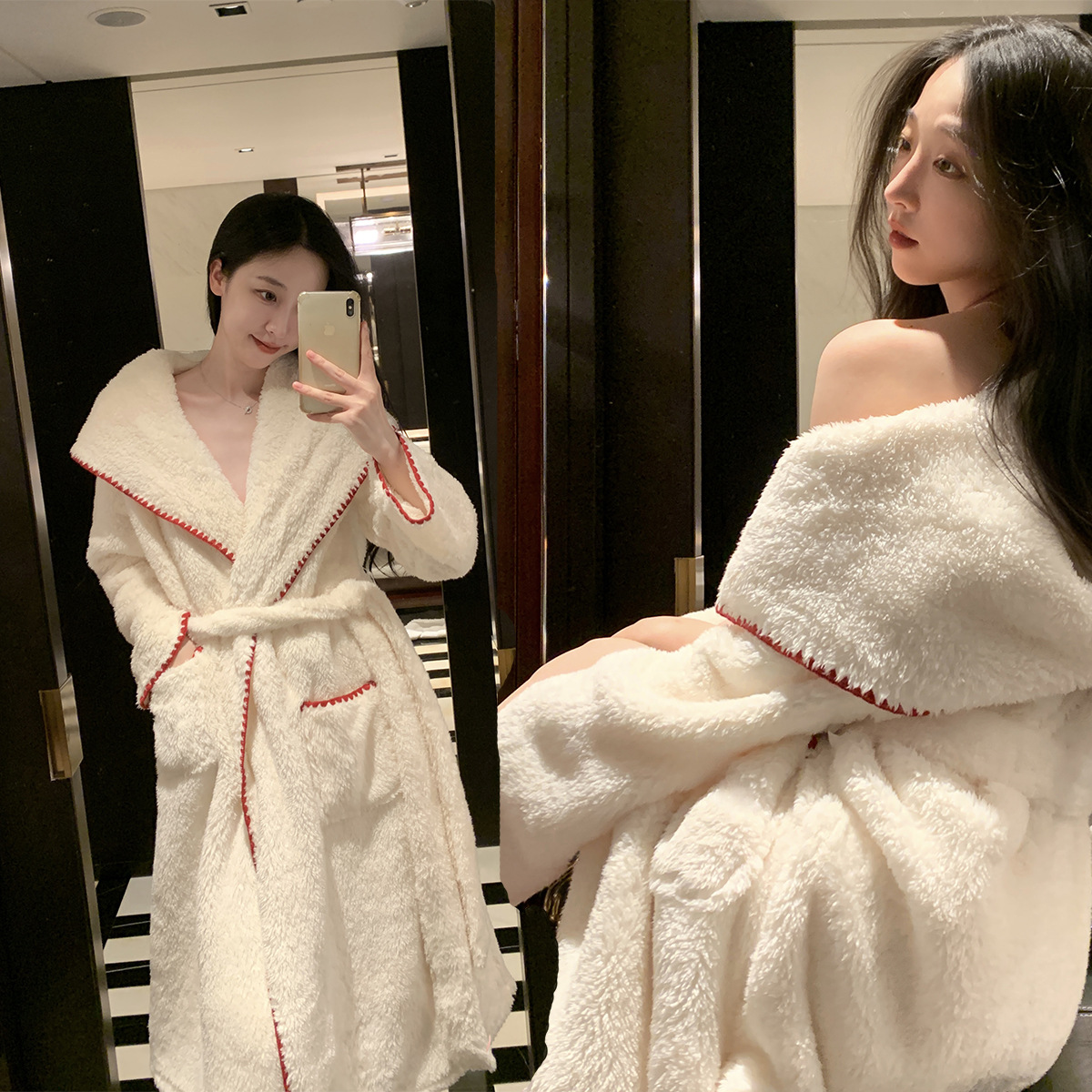 New Autumn and Winter Coral Velvet Nightgown Women's Long Thickeneded Warm Home Clothes Plush Bathrobe High-End Hooded Pajamas