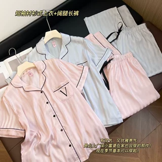 维多密 明星同款宅度假系列水光绸提花丝滑睡衣女短袖家居服25夏