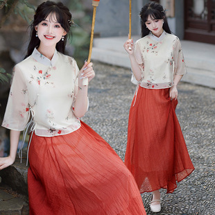 2024 new young Republic of China style girl Tang suit two-piece New Chinese retro printed improved cheongsam suit