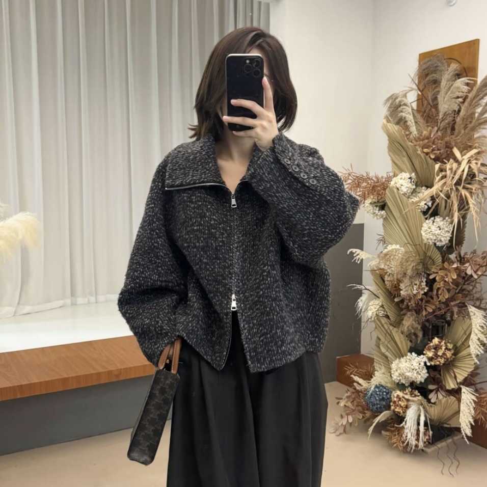 2025秋冬新款韩版宽松显瘦翻领羊毛呢外套女短款小个子拉链开衫