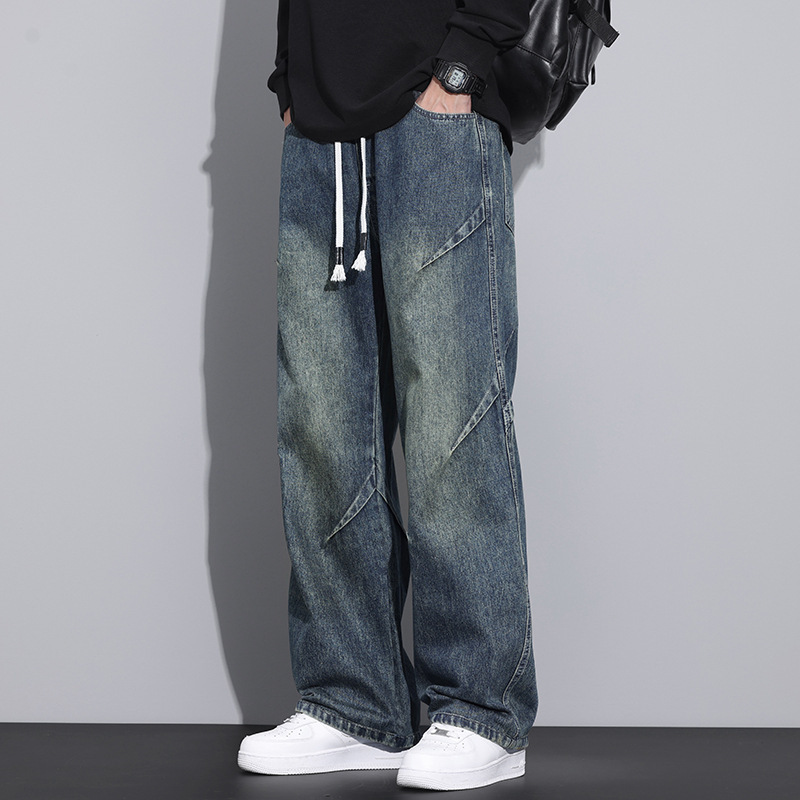 美式高街牛仔裤男生vibe秋季皱褶高级感直筒宽松男款弯刀休闲裤子|undefined