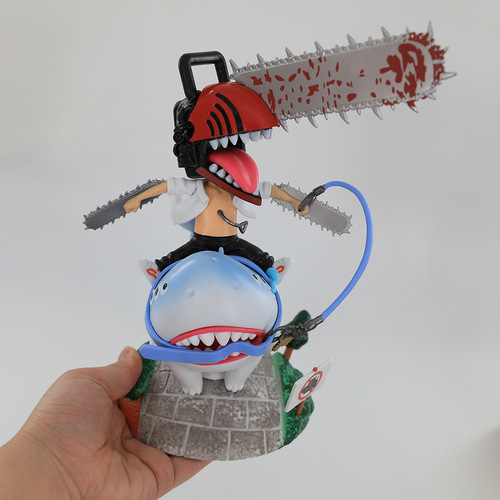New Cross-border Animation Great White Shark Chain Saw Man Riding Shark Pochita Small Figure Model Ornament Toy Wholesale