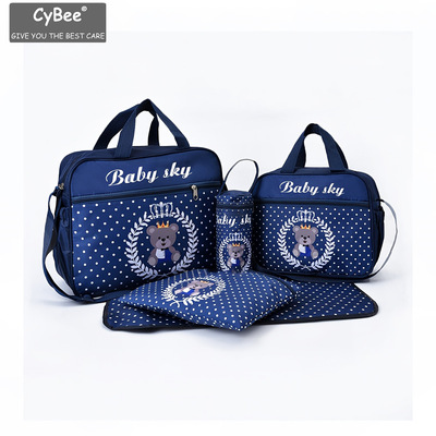 fashion printing Little Bear Mummy Bag Five-piece multi-function High-capacity One shoulder Messenger Mother-Baby Pack Diaper Bag suit
