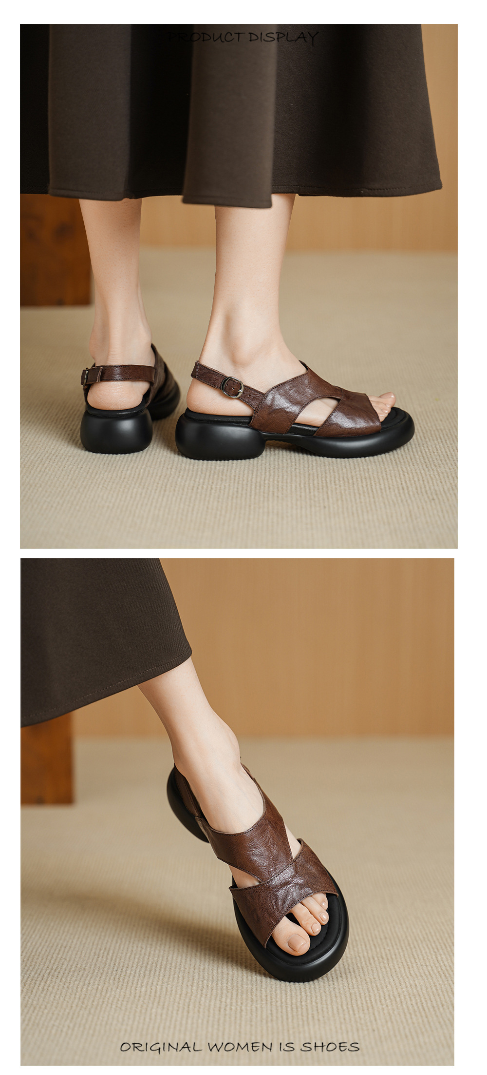 Sandal nữ hở mũi đế dày 4 cm da cừu quai chữ T khóa — màu nâu chi tiết 6