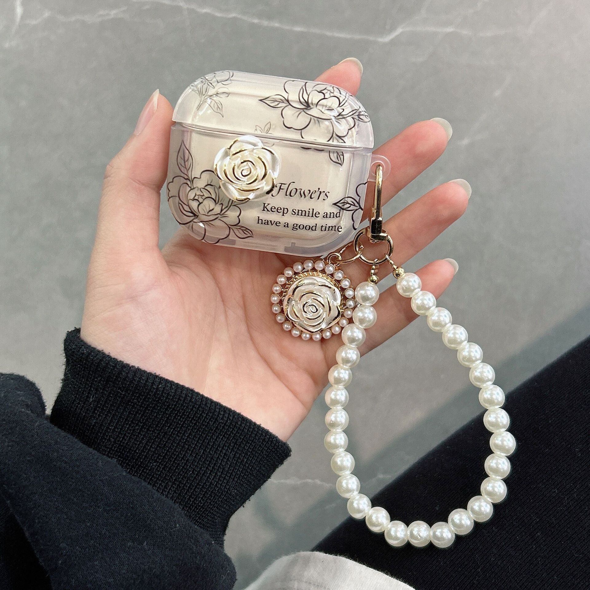 ins vintage camellia for airpods3 pearl chain pro2 wireless Bluetooth 1/2 generation earphone case_voghion.com