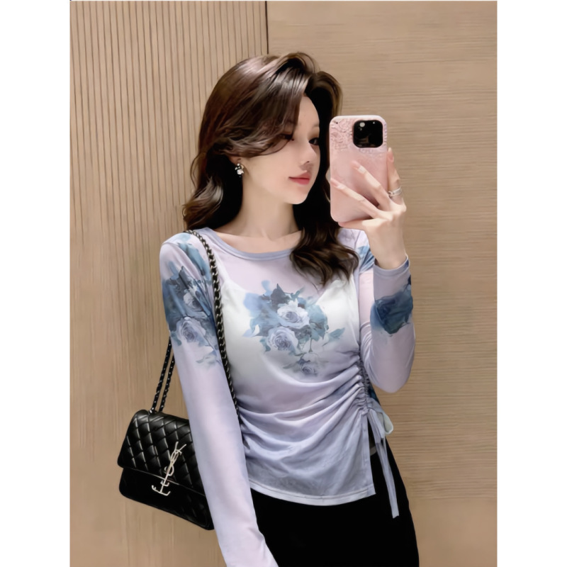Rose Print Ink Wash Mesh Tie-Up Sun Protection T-Shirt Cover-Up for Women, Summer Waist-Cinching Tie Slimming Long-Sleeve Elegant Top