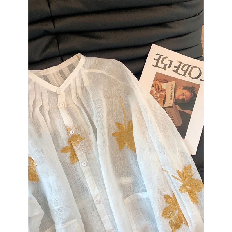 新中式系带刺绣花朵白色亚麻衬衫2025新款女复古时尚宽松气质上衣|undefined