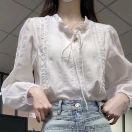 2026春季新款花边领系带白色衬衫女高级感温柔风气质别致长袖上衣