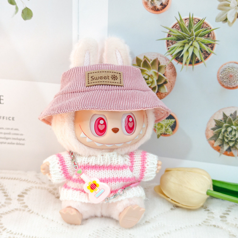 17 センチメートルビニールぬいぐるみマカロンラブブ LABUBU ベビー服ピンクのガーゼスカートヘアアクセサリー交換服|undefined