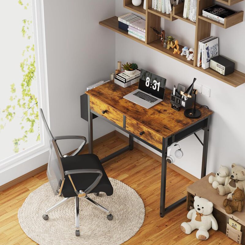 Rustic Country-Style Small Computer Desk with 2 Trendy Drawers, Home Office Desk with Fabric Storage Drawers and Pockets, Writing Desk Rustic Country-Style Small Computer Desk with 2 Trendy Drawers, Home Office Desk with Fabric Storage Drawers and Pockets, Writing Desk