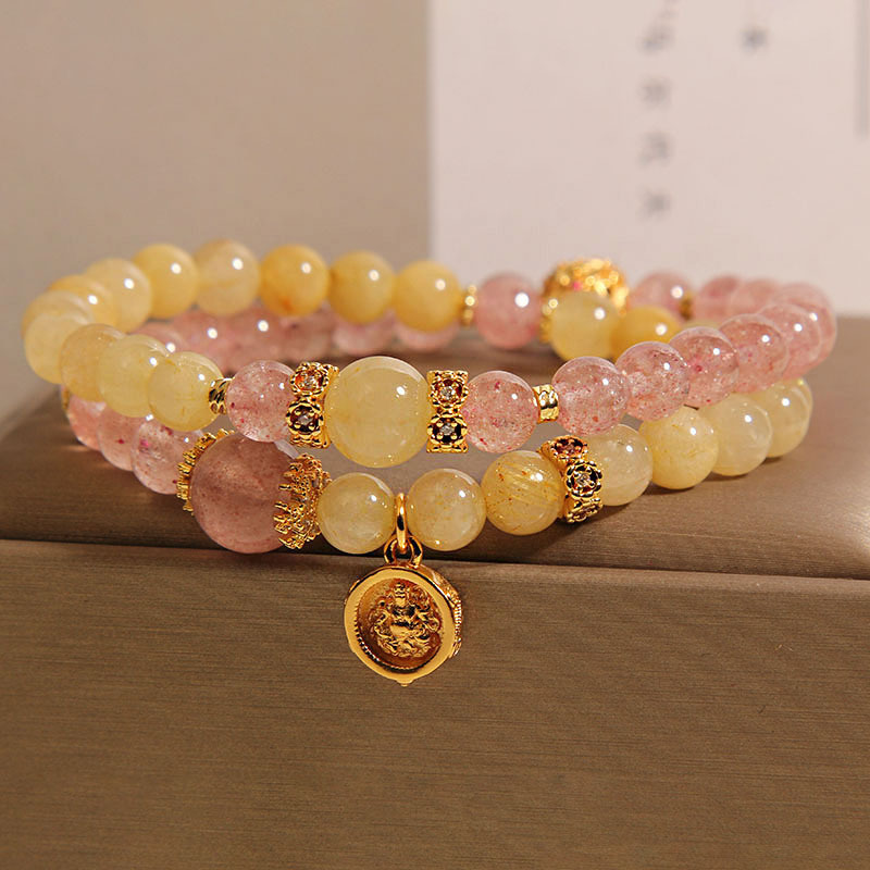 Pulsera de doble círculo de cristal de torre amarilla natural Pulsera de pulsera de transferencia de suerte de cristal de fresa de nicho de lujo ligero para mujer