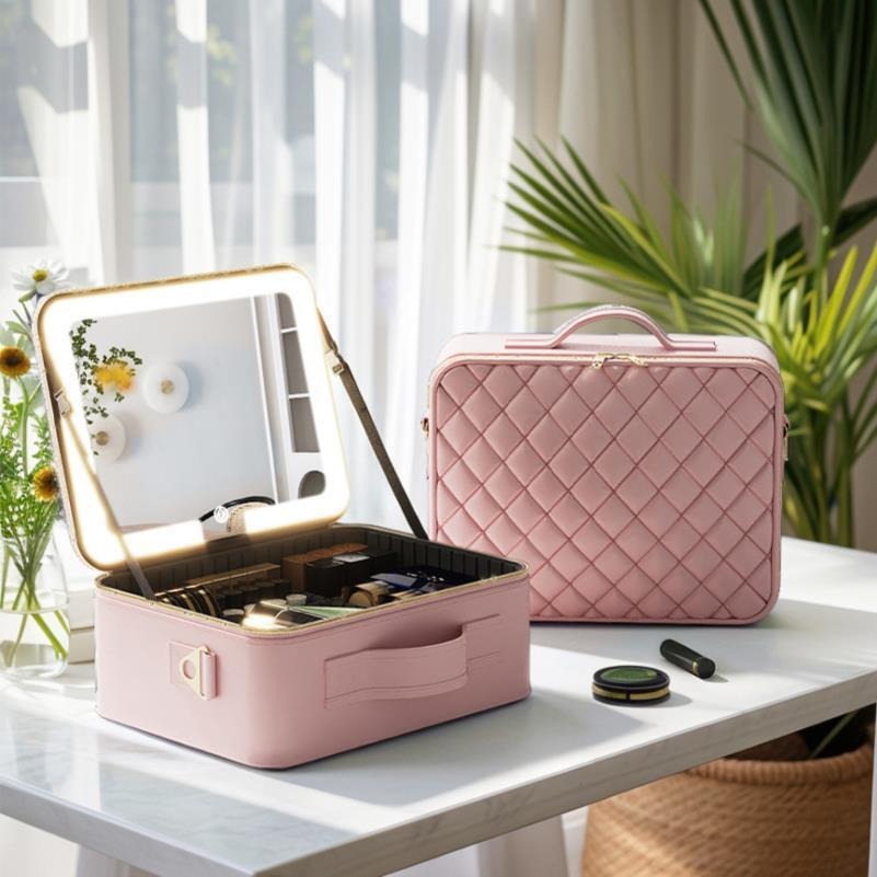 Caja de maquillaje de alto valor facial con lámpara LED, maquillaje profesional de gran capacidad, viaje de negocios, caja de almacenamiento de maquillaje portátil