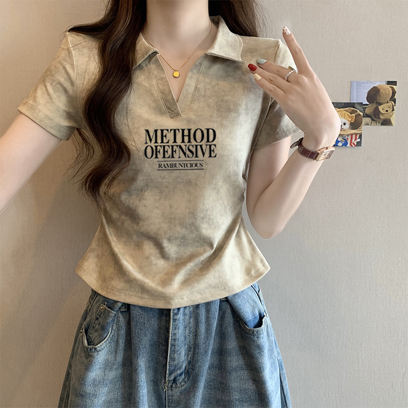 2025夏季新款扎染POLO衫短袖T恤女不规则侧边褶皱收腰显瘦短上衣|undefined