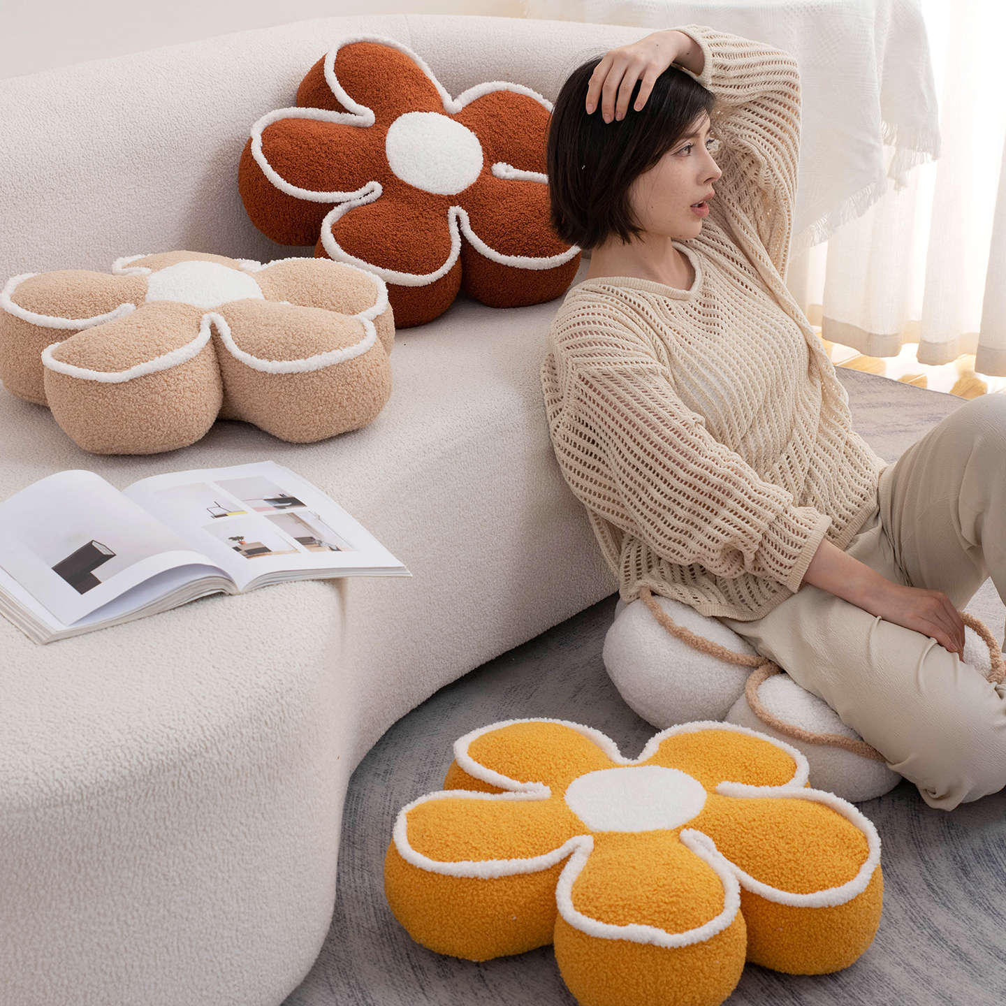 Scandinavian Decoration Living Room Sofa Pillow Flower Cushion Ornaments Five-Petal Flower Bay Window Tatami Cushion Waist Cushion