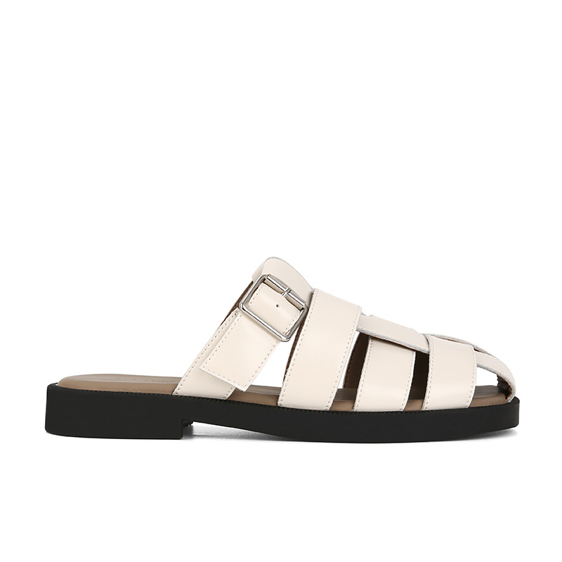 [sheii su] blanda explosión ~ cubierta de cuero real tejido hueco fondo plano sandalias romanas zapatillas de jaula de cerdo