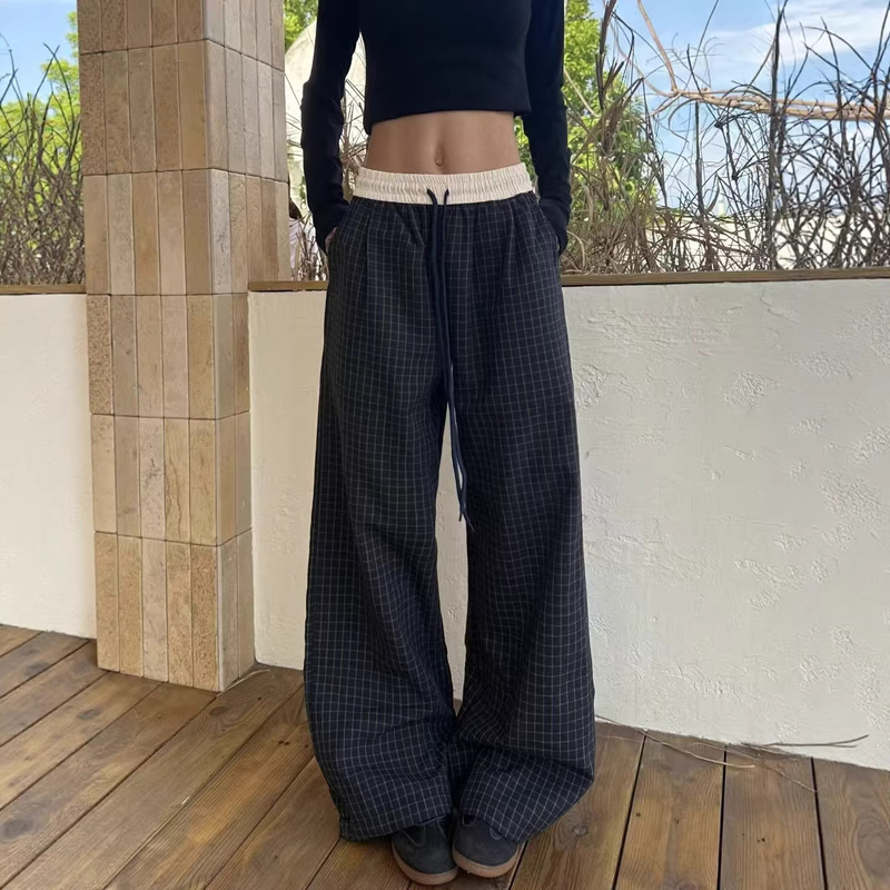 Fashionable Versatile Navy Blue Plaid Pants 2026 Summer Lightweight Breathable Casual Pants Popular Color-Blocking Elastic Waist